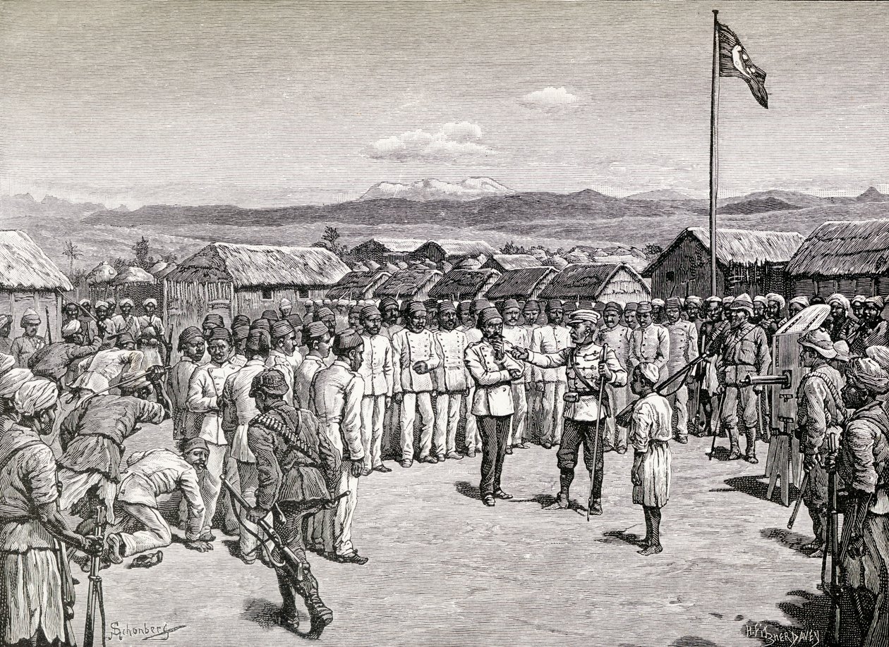 السير هنري مورتون ستانلي يخاطب ضباط المتمردين في كافالي ، 1890 (نقش الخشب) بواسطة م. شونبرغ