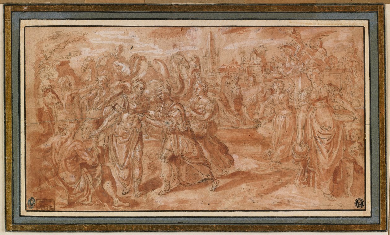 لابان وريبيكا يستلمان إليعازر ، 1561-62 (قلم حبر بني مع غسيل أحمر وإرتفاع أبيض) بواسطة مارتن دي فوس
