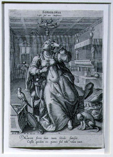 سوفرونيا ، من سلسلة تصور "ثلاث نساء كرموز للعفة" ، نقشها رافائيل سادلر الأول (1561-1632) حوالي 1590 (نقش) بواسطة مارتن دي (بعد) فوس