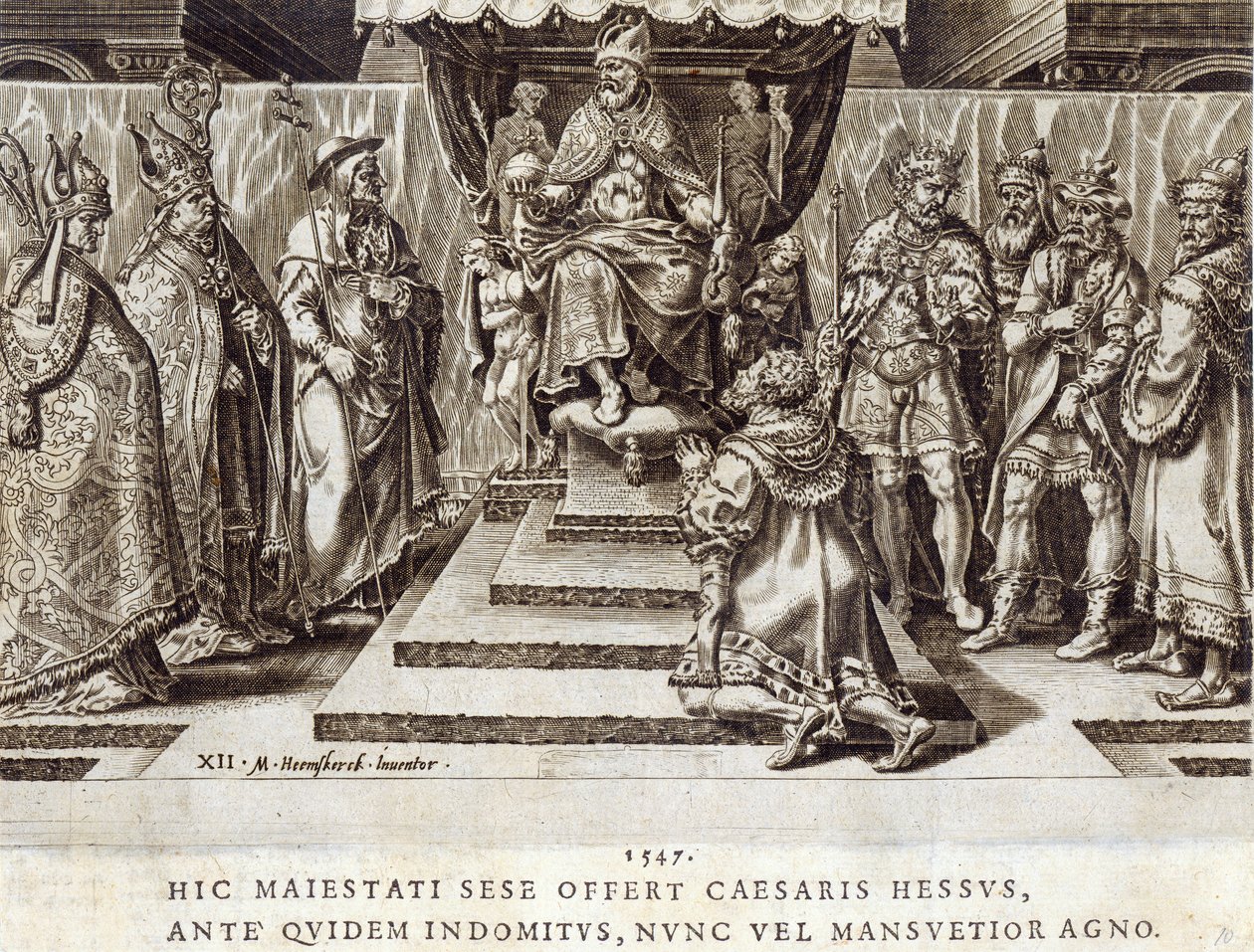 تقديم فيليب ، Landgrave of Hesen في عام 1547 ، اللوحة 12 من "الإنجازات العسكرية للإمبراطور تشارلز الخامس" ، التي نقشها Dirk Volkertsz Coornhert (1522-90) ، 1555 (النقش والحفر) بواسطة مارتن فان هيمسكرك