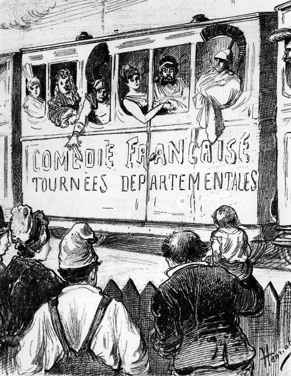 توقف طاقم الممثلين في Comédie Française في جولة في فرنسا في قطار خاص ، لإعطاء لمحة عن المسرح الريفي ، النصف الثاني من القرن التاسع عشر بواسطة هنري مايجروت