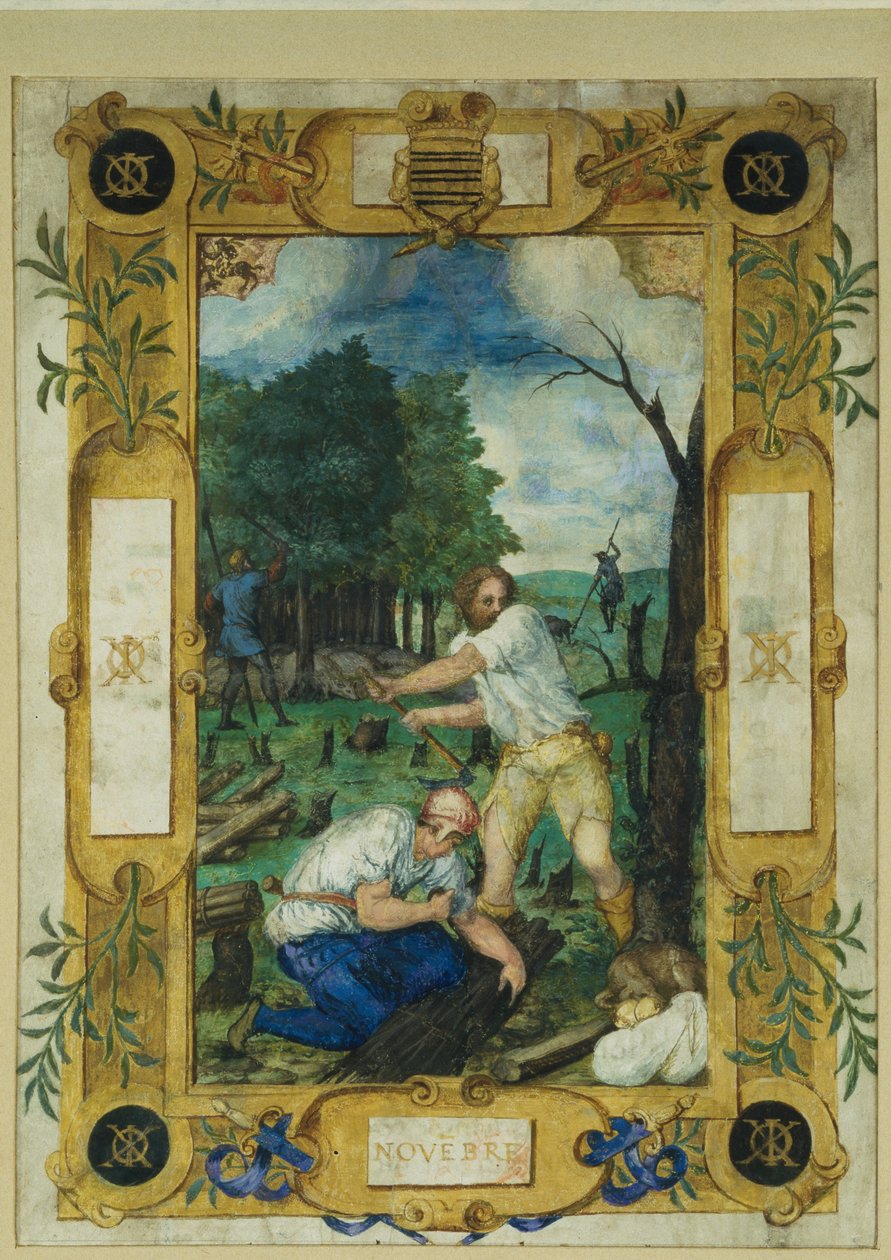 صفحة التقويم لشهر نوفمبر ، قطع الأشجار ، من كتاب ساعات ، c.1550-60 بواسطة Maitre des Heures de Claude Gouffier