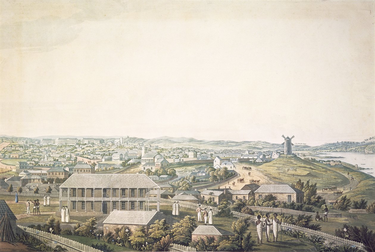 مدينة سيدني في نيو ساوث ويلز ، القسم المركزي من منظر بانورامي ، c.1821 (aquatint) بواسطة الرائد جيمس تايلور