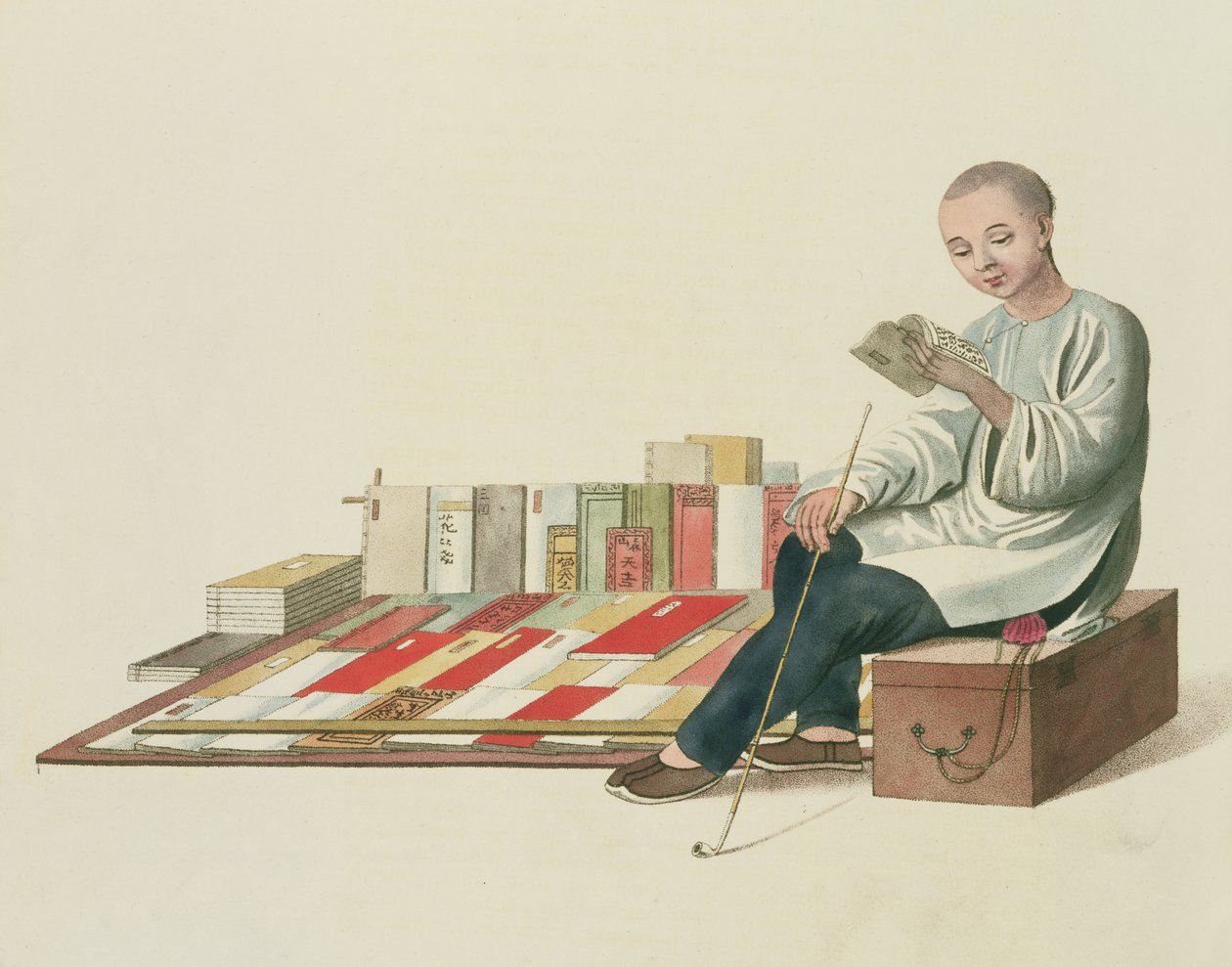 بائع كتب ، اللوحة 6 من "زي الصين" ، نقشها ج. دادلي ، 1800 بواسطة الرائد جورج هنري ميسون