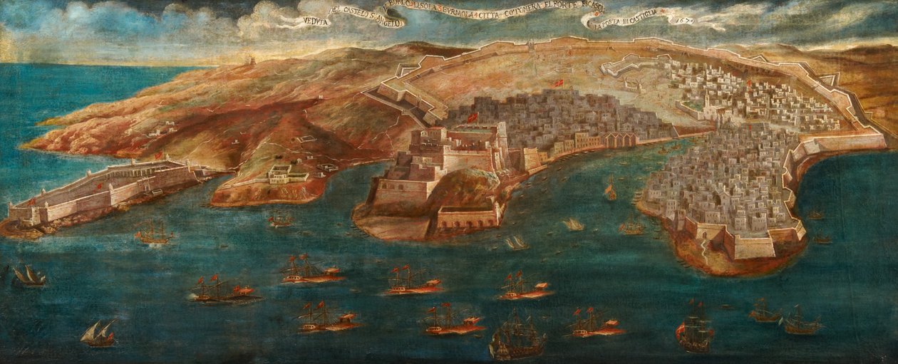 منظر لقلعة ريكاسولي وقلعة سانت أنجيلو وليسولا وخطوط كوتونيرا من فاليتا ، 1679 بواسطة المدرسة المالطية