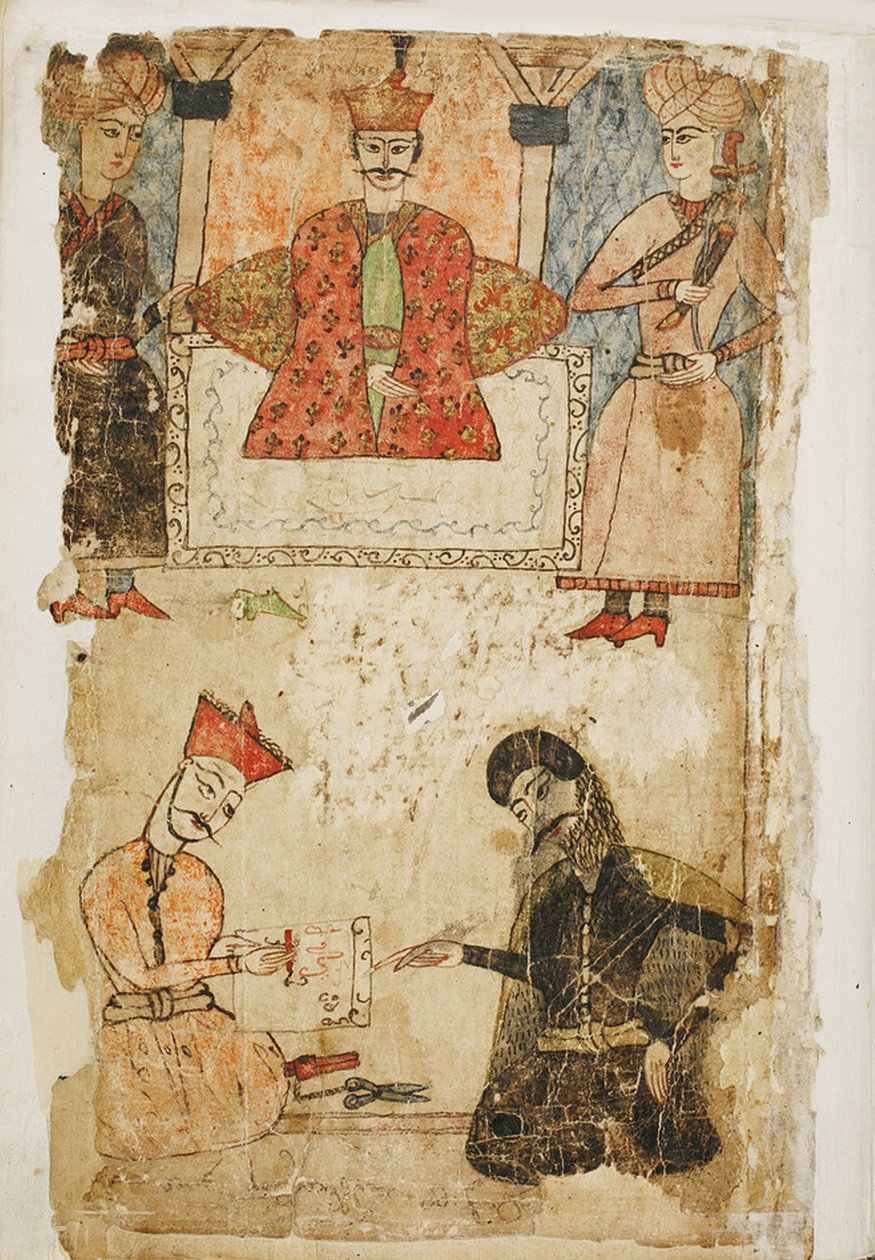 رستافيلي يملي قصيدته على المستشار. رسم توضيحي لقصيدة الفارس في جلد النمر لشوتا روستافيلي ، منتصف القرن السابع عشر. بواسطة ماموكا تافاكالاشفيلي