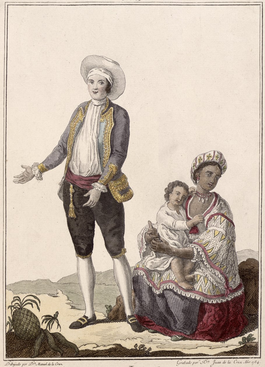 إسباني وزوجته الهندية ، نقشهما خوان دي لا كروز ، 1784 نقش ملون بواسطة Manuel de la Cruz y Cano
