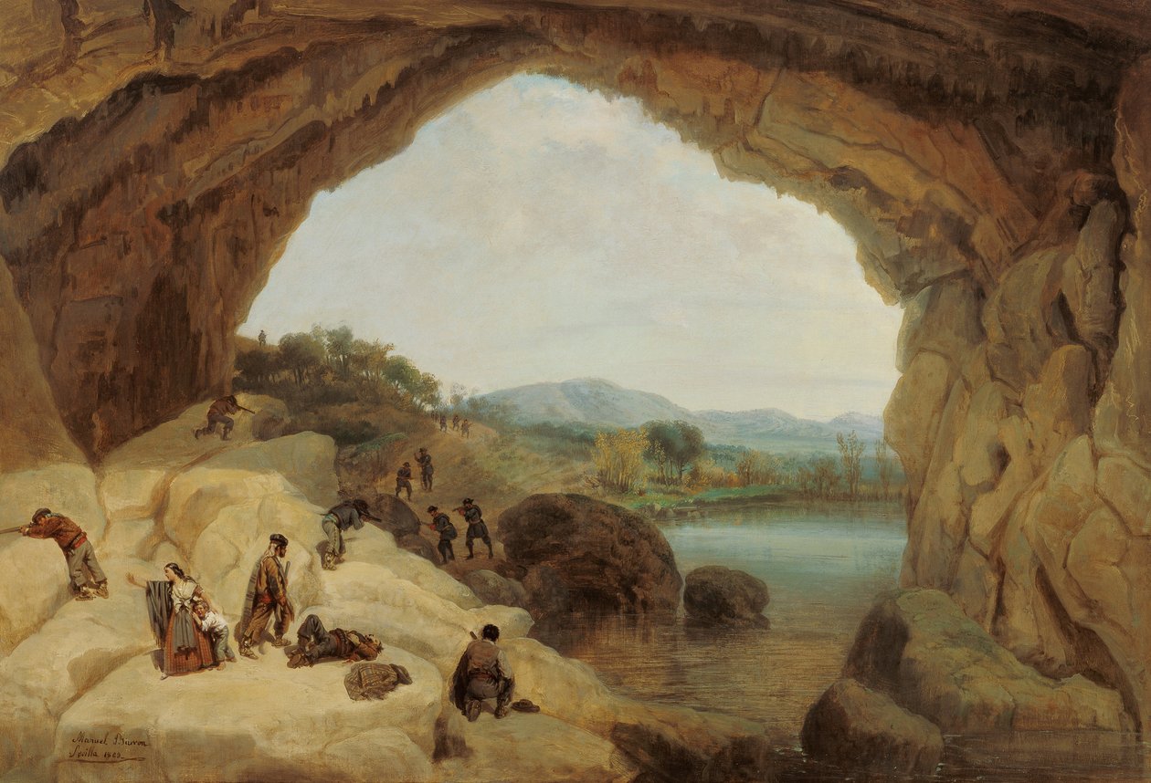 نصب كمين لمجموعة من قطاع الطرق في كهف القط - بارون وكاريلو ، مانويل (1814-1884) - 1869 - زيت على قماش - 72 × 105 - متحف كارمن تايسن ، ملقة بواسطة مانويل بارون إي كاريو