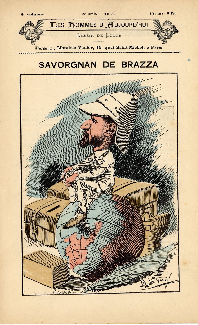 غلاف Les Hommes Today ، العدد 289 ، رسم توضيحي لمانويل لوك (1854-1919): مستعمرات الاستعمار الاستعماري - المستكشف ، بيير سافورجنان دي برازا (1852-1905) - الأرض بواسطة مانويل لوك