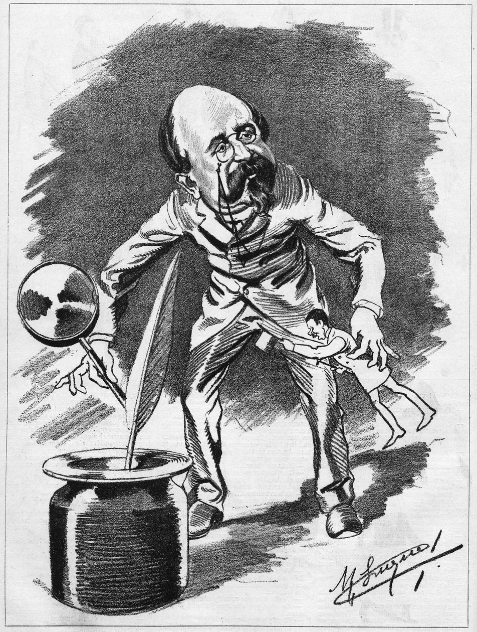 ادمون جوندينت (1828-1888) كاتب مسرحي فرنسي. كارتون لرسام الكاريكاتير مانويل لوك. في "The Cartoon" عام 1886. بواسطة مانويل لوك