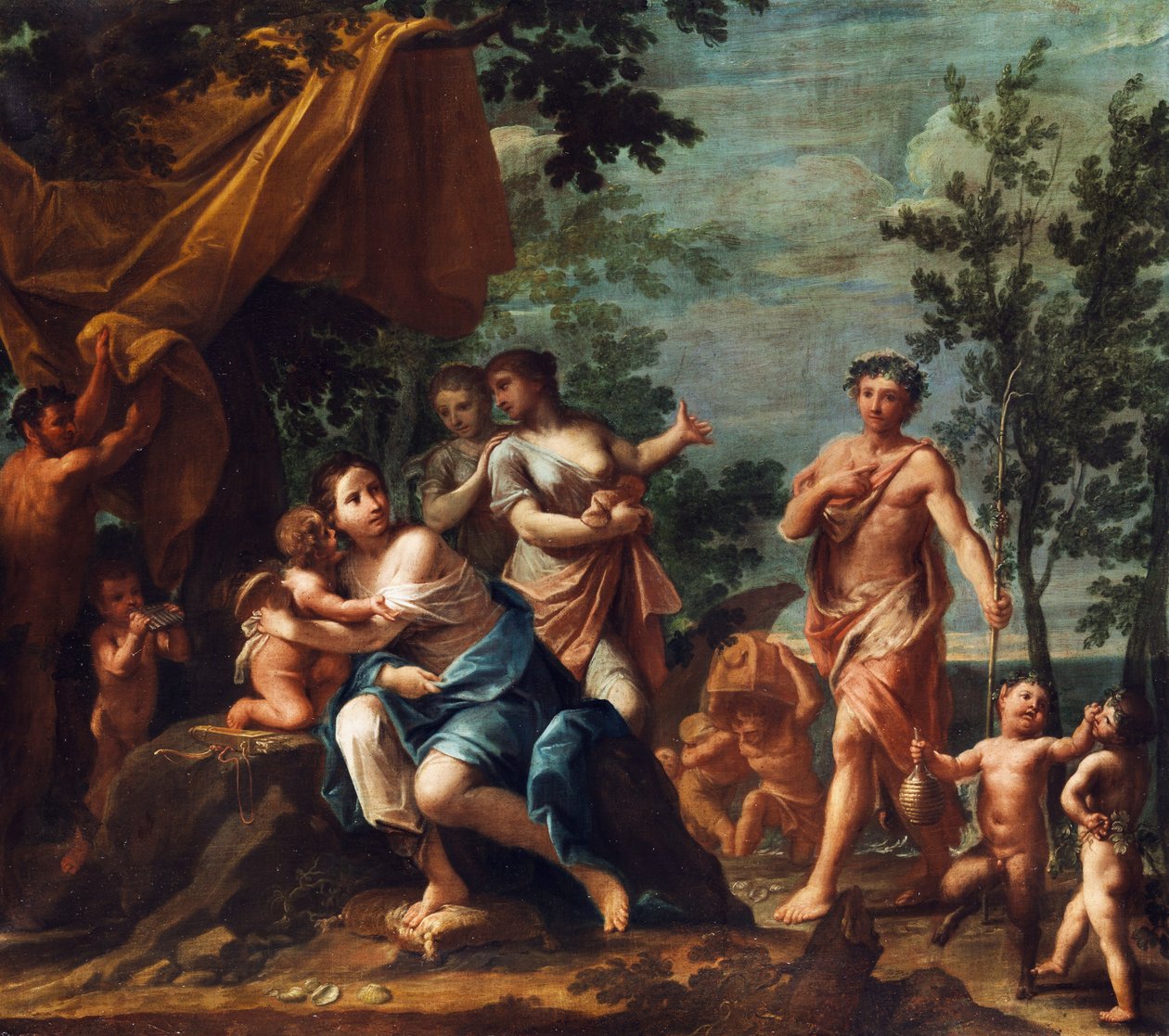 أبولو كراعٍ يقترب من النعم الثلاث ، مع الأطفال Venus و Cupido و Cupids و Pan و Pan. بواسطة Marcantonio Franceschini