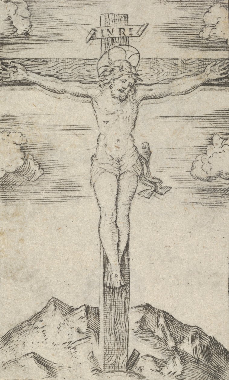 المسيح على الصليب ، من سلسلة القديسين الصغار "بيكولي سانتي" ، كاليفورنيا. 1500-1527. بواسطة ماركانتونيو رايموندي