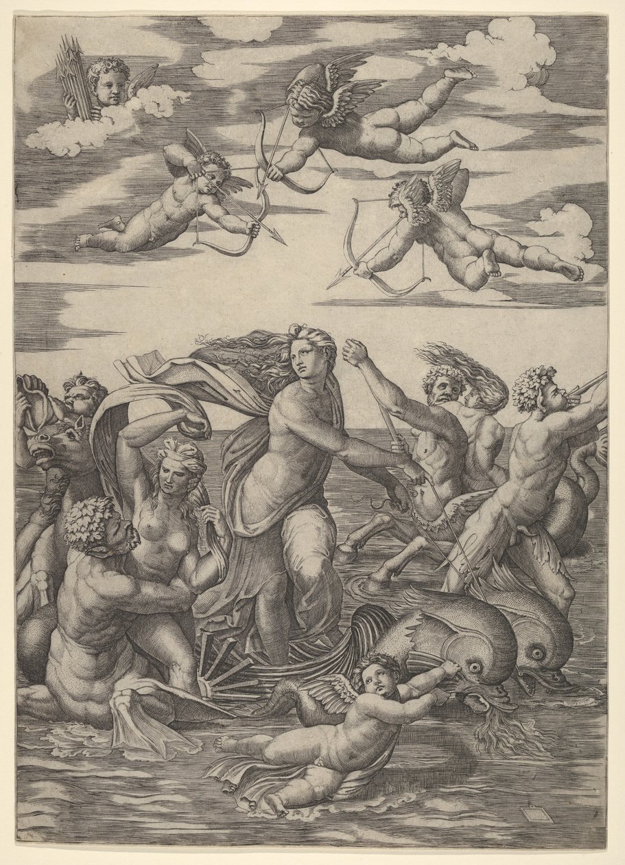 Galatea واقفا في عربة مائية يسحبها دلافين ، محاطين tritons ، nere ... ، 1515-16. بواسطة ماركانتونيو رايموندي