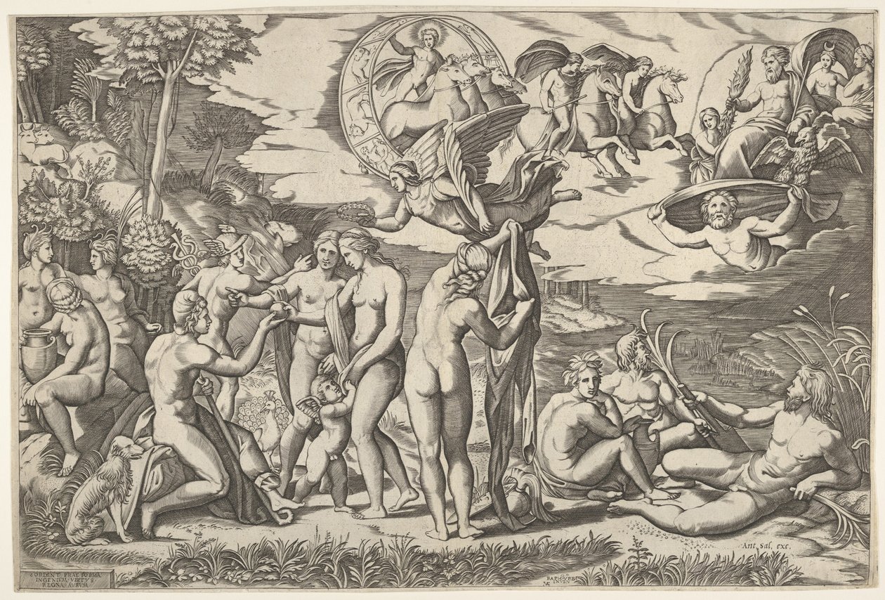 حكم باريس: تمد باريس يده نحو فينوس ، الذي يقف بين جونو و ... ، كاليفورنيا. 1520-50. بواسطة ماركانتونيو رايموندي