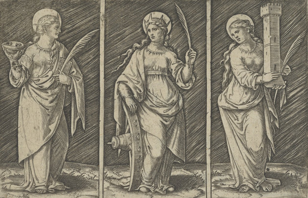 يسار القديسة باربرا ، سانت كاترين ، الوسط ، سانت لوسي على اليمين ، كاليفورنيا. 1500-1527. ، كاليفورنيا. 1500-1527. بواسطة ماركانتونيو رايموندي