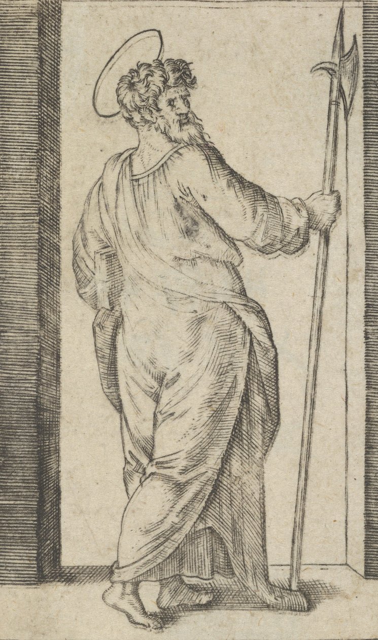 القديس جود يحمل مطردًا بيده اليمنى من مسلسل 'Piccoli Santi' ... ، كاليفورنيا. 1500-1527. بواسطة ماركانتونيو رايموندي