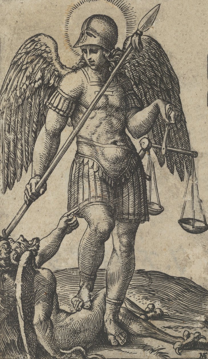 القديس ميخائيل يحمل موازين ورمح ، شيطان تحته ، من سلسلة 'P ... ، كاليفورنيا. 1500-1527. بواسطة ماركانتونيو رايموندي