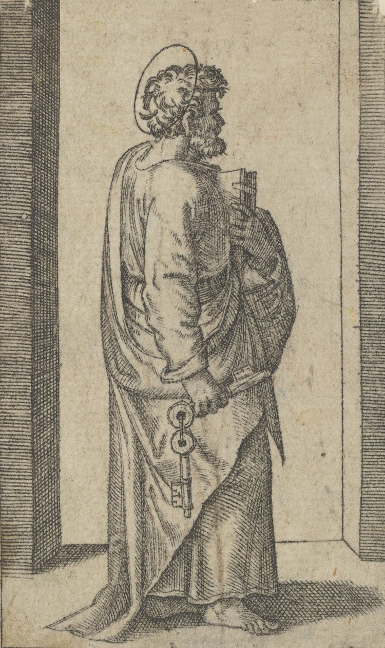 القديس بطرس ، مفاتيح في اليد اليمنى ، كتاب في اليسار ، متجه لليمين ، من سلسلة 'Pic ...، ca. 1500-1527. بواسطة ماركانتونيو رايموندي