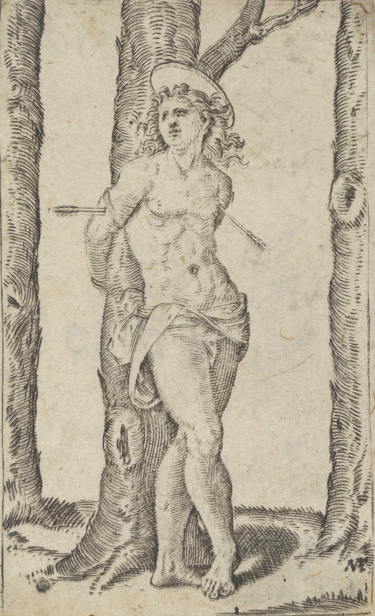 ربط القديس سيباستيان بشجرة مثقوبة بالسهام ، من سلسلة 'Piccoli Santi' ... ، كاليفورنيا. 1500-1527. بواسطة ماركانتونيو رايموندي