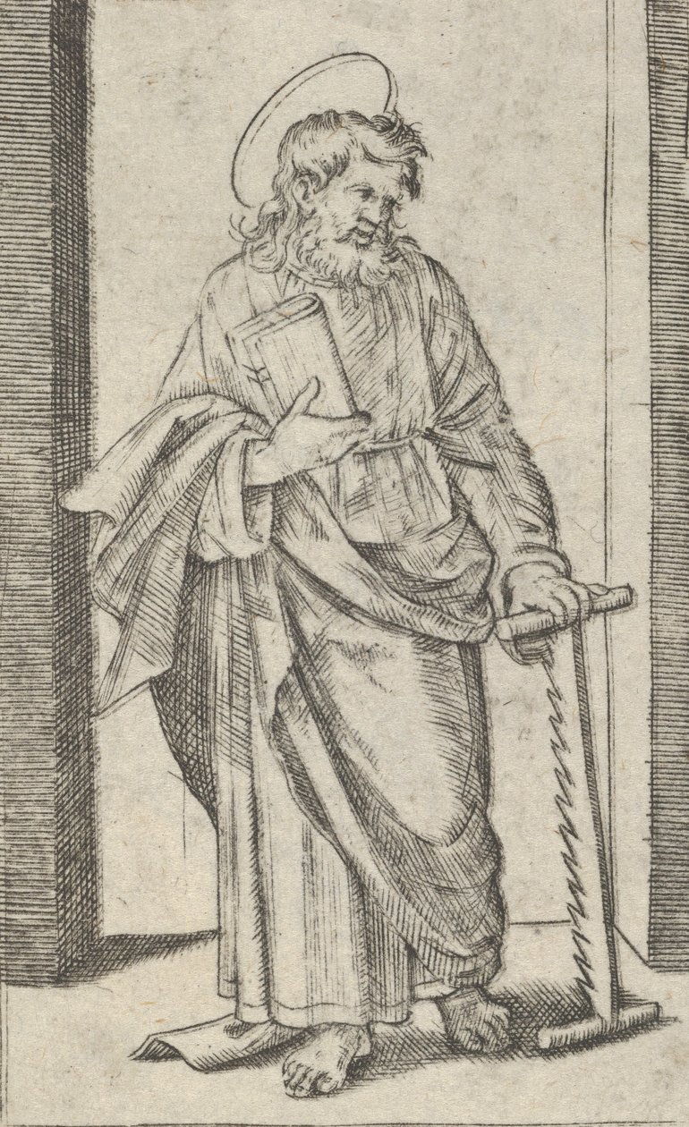 القديس سيمون ، منشار في يده اليسرى السفلية ، من سلسلة 'Piccoli Santi' Sma ... ، كاليفورنيا. 1500-1527. بواسطة ماركانتونيو رايموندي