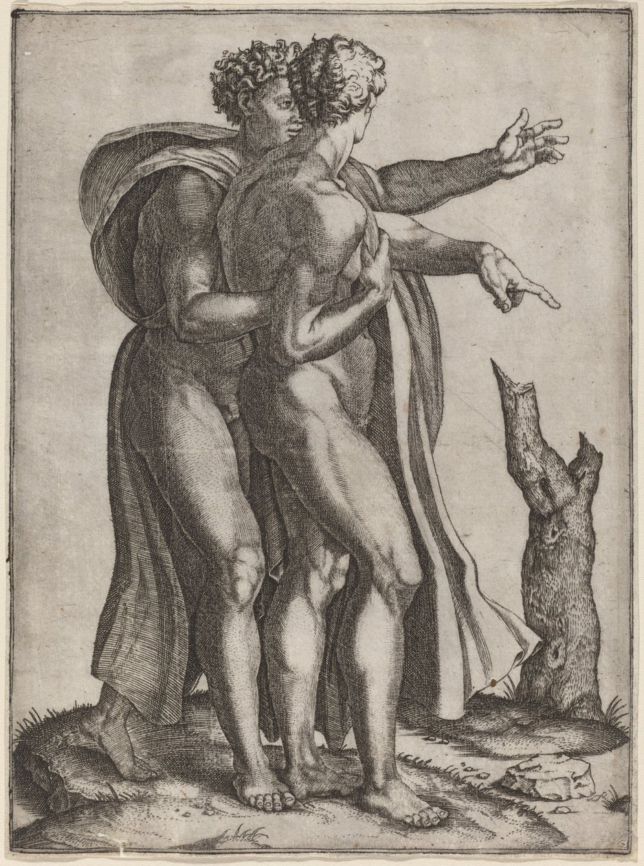 رجلان عاريان بواسطة Marcantonio Raimondi بعد مايكل أنجلو