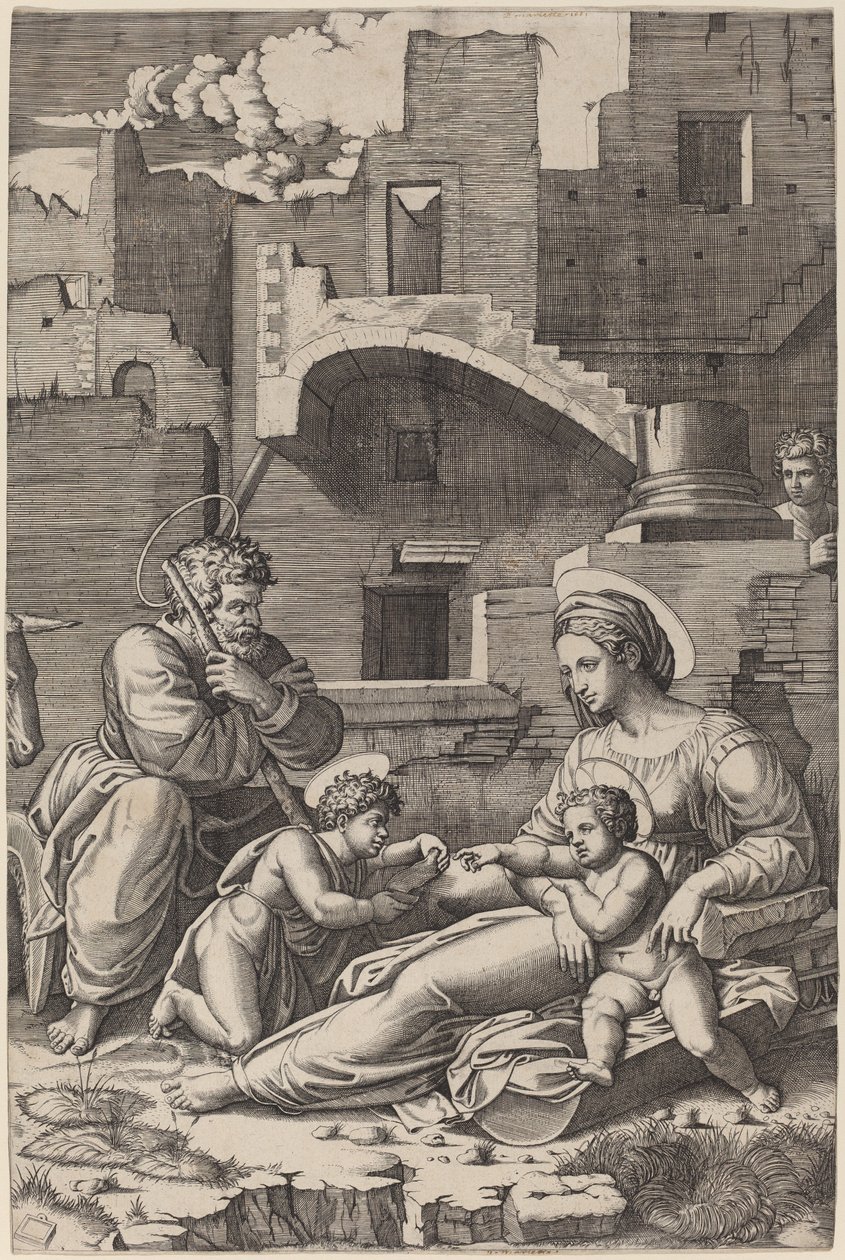 العائلة المقدسة مع القديس الشاب يوحنا المعمدان (مادونا ذات الفخذ الطويل) بواسطة Marcantonio Raimondi بعد رافائيل
