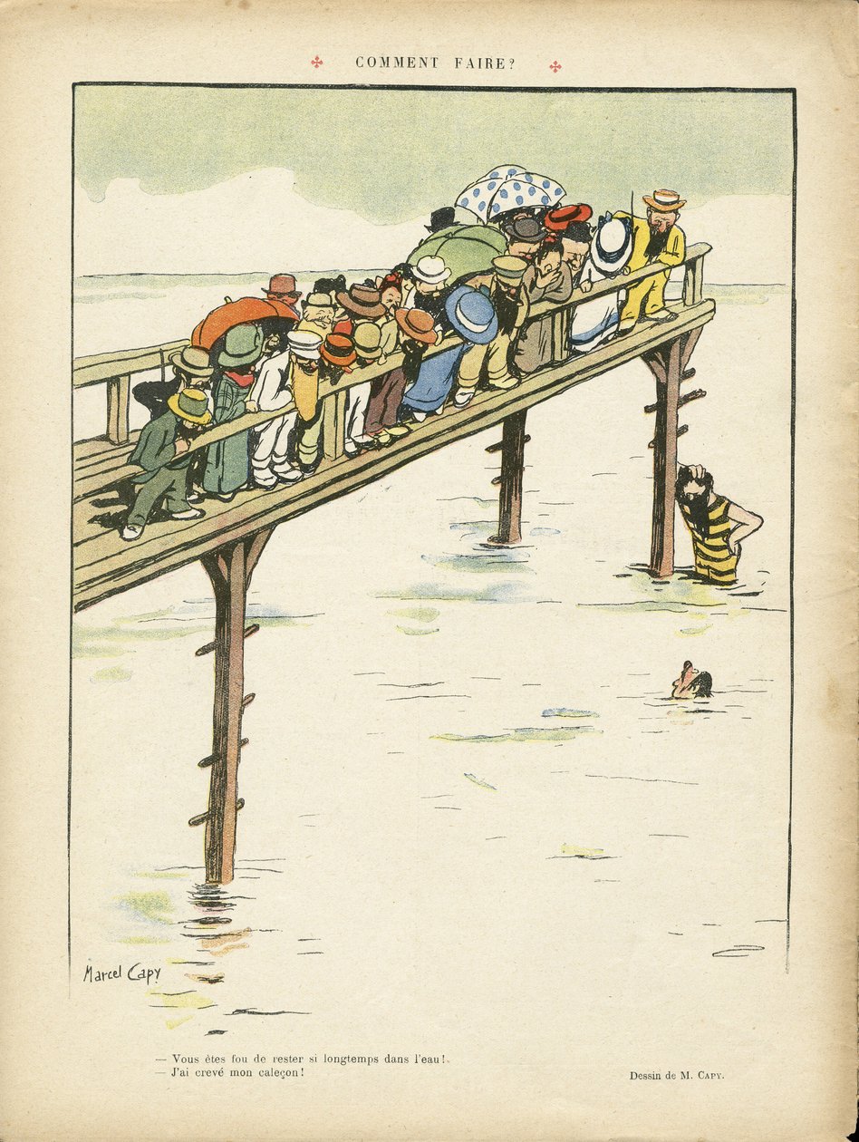 رسم توضيحي لمارسيل كابي (1865-1941) في Le Lire ، 24/08/12 - كيف نفعل ذلك؟ - الترفيه ، التخطيط العمراني المعماري ، البحر البحري البحري ، السباحة والسباحة ، الجماهير بواسطة مارسيل أمابل لاعب خط الوسط كابي