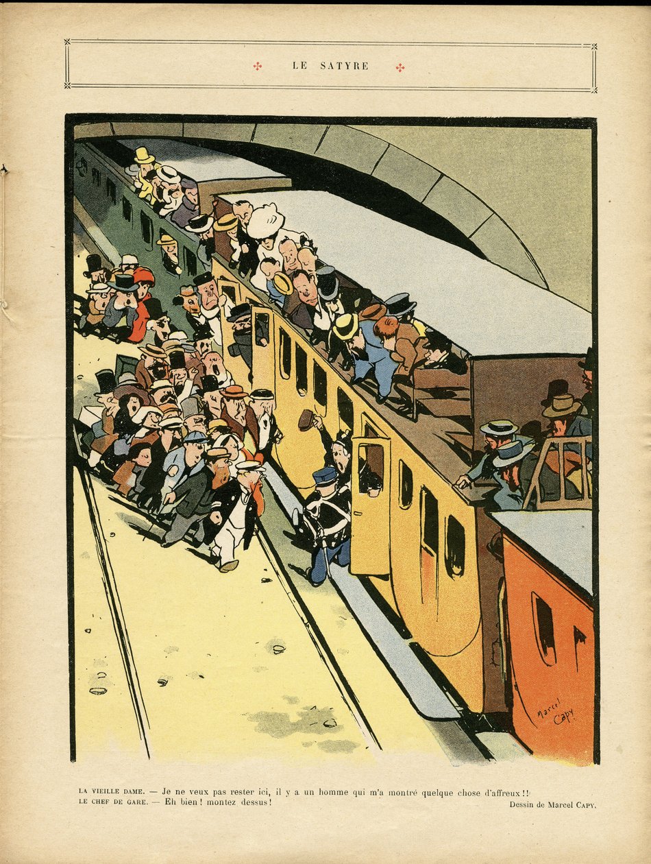 رسم توضيحي لمارسيل كابي (1865-1941) في Le Rire ، 03/09/10 - الساتير - التخطيط العمراني للعمارة ، قطار السكك الحديدية ، الجسر بواسطة مارسيل أمابل لاعب خط الوسط كابي