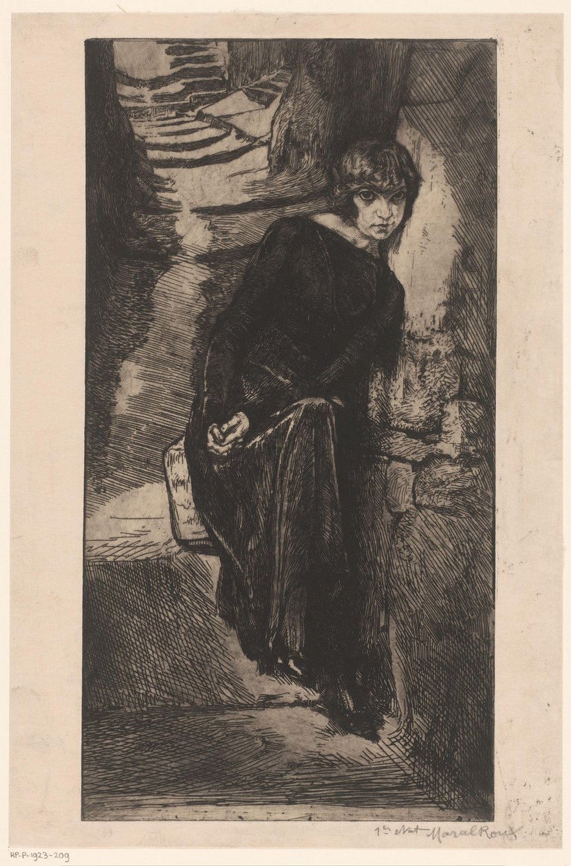 امرأة ترتدي ثيابًا سوداء متكئة على الحائط Misère de misère (العنوان على الكائن) فتاة المتعة (عنوان المسلسل) Fille de Joï (عنوان السلسلة على الكائن) بواسطة مارسيل رو (توقيع الفنان)