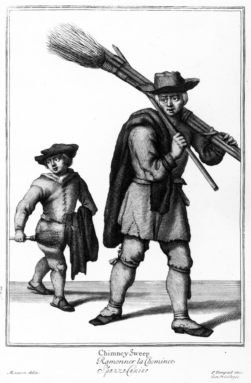 اكتساح المدخنة ، رسم توضيحي من "صرخات لندن" بقلم بيرس تيمبيست ، تم نشره عام 1688 بواسطة مارسيلوس أو مارسيل لورون