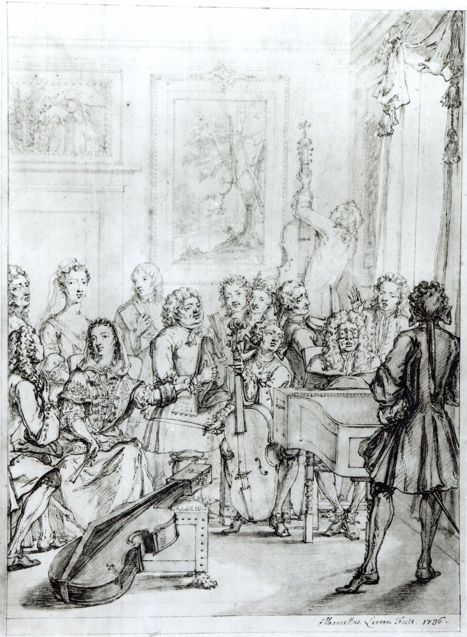 حفل موسيقي في Montague House ، 1736 (قلم وحبر فوق قلم رصاص على ورق) بواسطة مارسيلوس الأصغر لارون