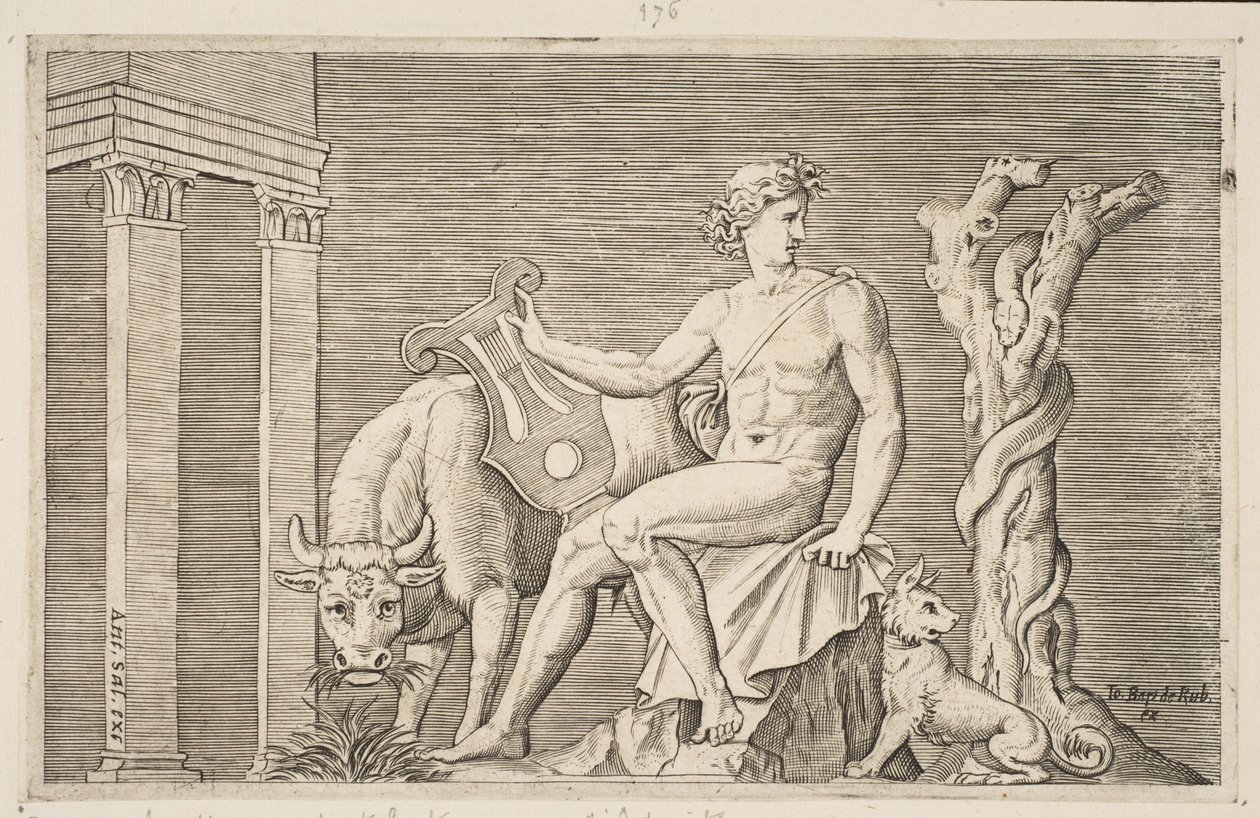 أبولو يرعى أسراب Admetus ، جالس أبولو يجلس قيثارة ويحيط به ... ، كاليفورنيا. 1515-27. بواسطة ماركو دينتي