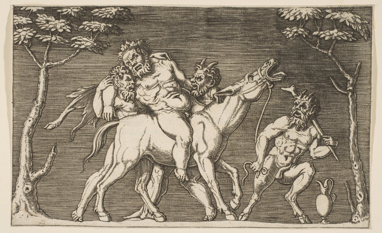 شاتان يضعان Silenus على بغل نهيق وثالث ساتير على اليمين ، كاليفورنيا. 1515-27. بواسطة ماركو دينتي