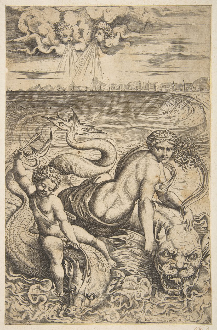 فينوس وكيوبيد يركبان وحشين بحريين ، يرفع كيوبيد سهمًا في يده اليمنى ، ... 1515-27. بواسطة ماركو دينتي
