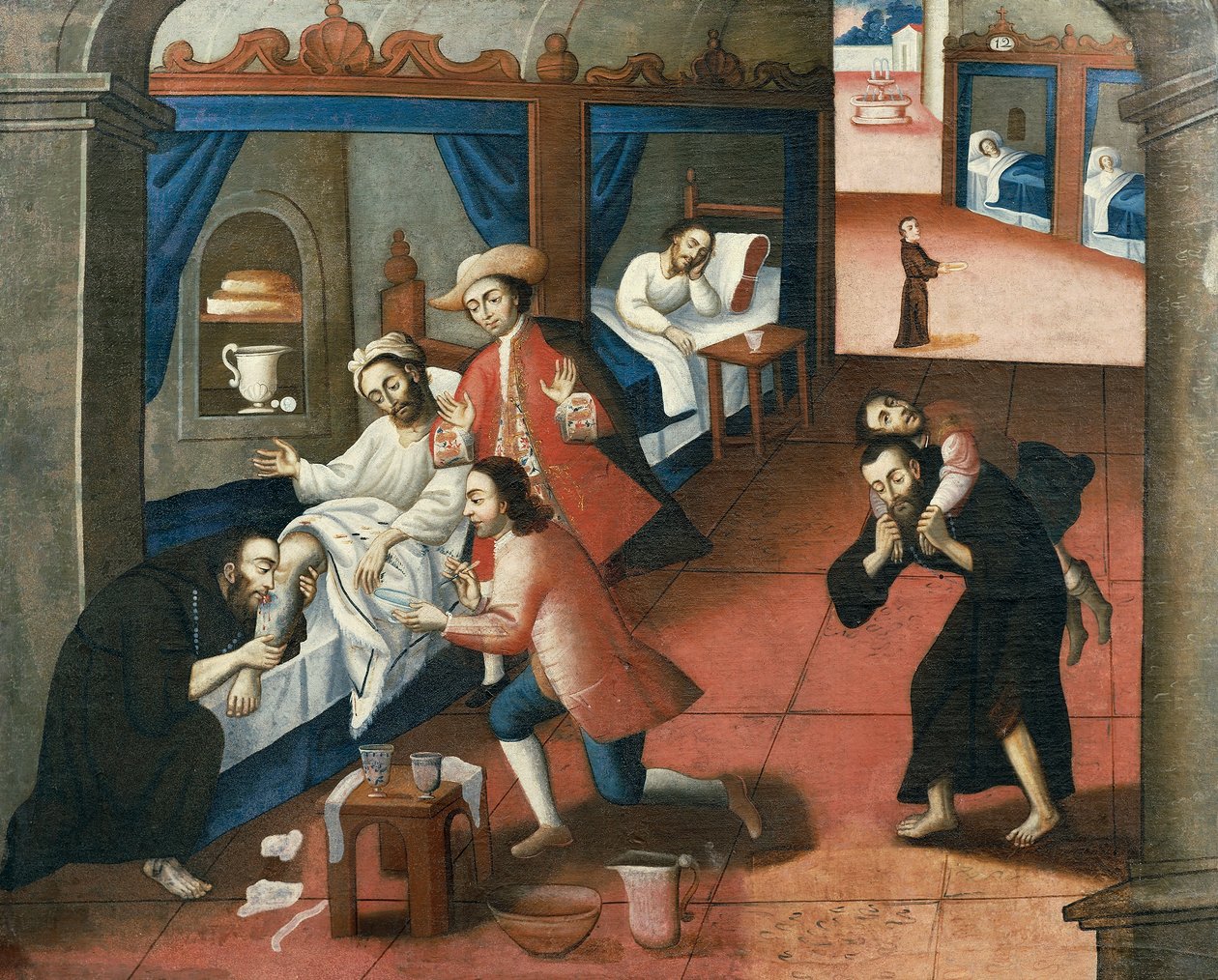 Religious men treating a patient at St. Andrew Hospital, Cuzco (oil on canvas) بواسطة ماركوس زاباتا