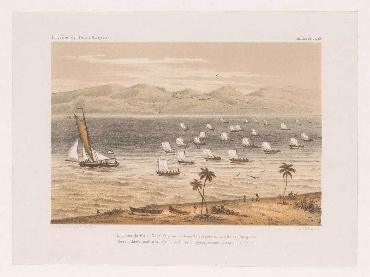 رحيل ملك نوسي فالي إلى جنازة والده Le départ du Roi de Nossi-Faly au tombeau de son père en société des Voyageurs (...) (العنوان على الكائن) رحلة فرانسوا ب. حبوب اللقاح إلى مدغشقر (عنوان السلسلة) ف. حبوب اللقاح R.s بواسطة ماركوس جاكوب جويدكيند