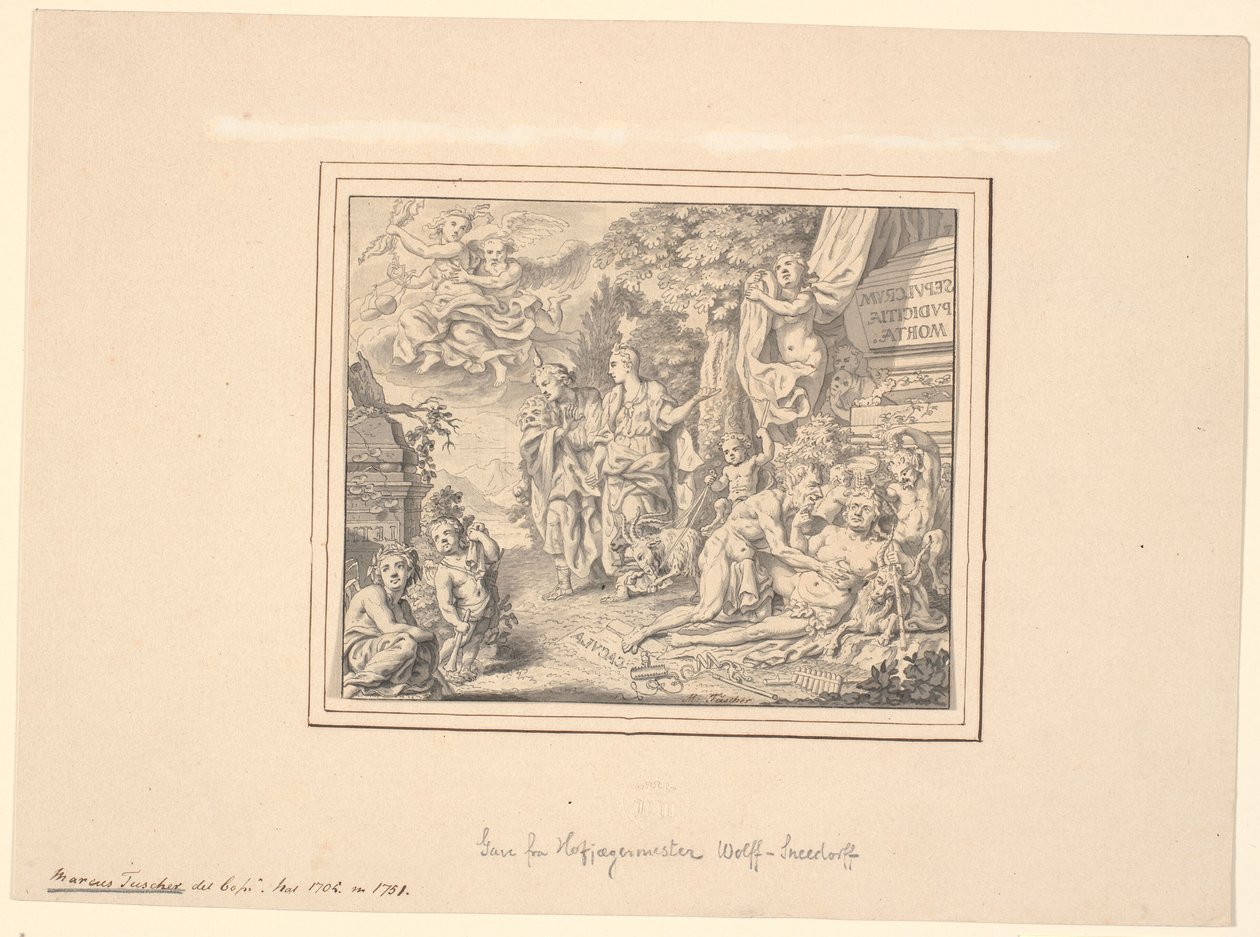 ورقة مجازية عليها Silenus الغارق وشخصيات أسطورية واستعارية أخرى في تابوت مع نقش: "Sepulcrum pudicitiae mortae" بواسطة ماركوس توشر