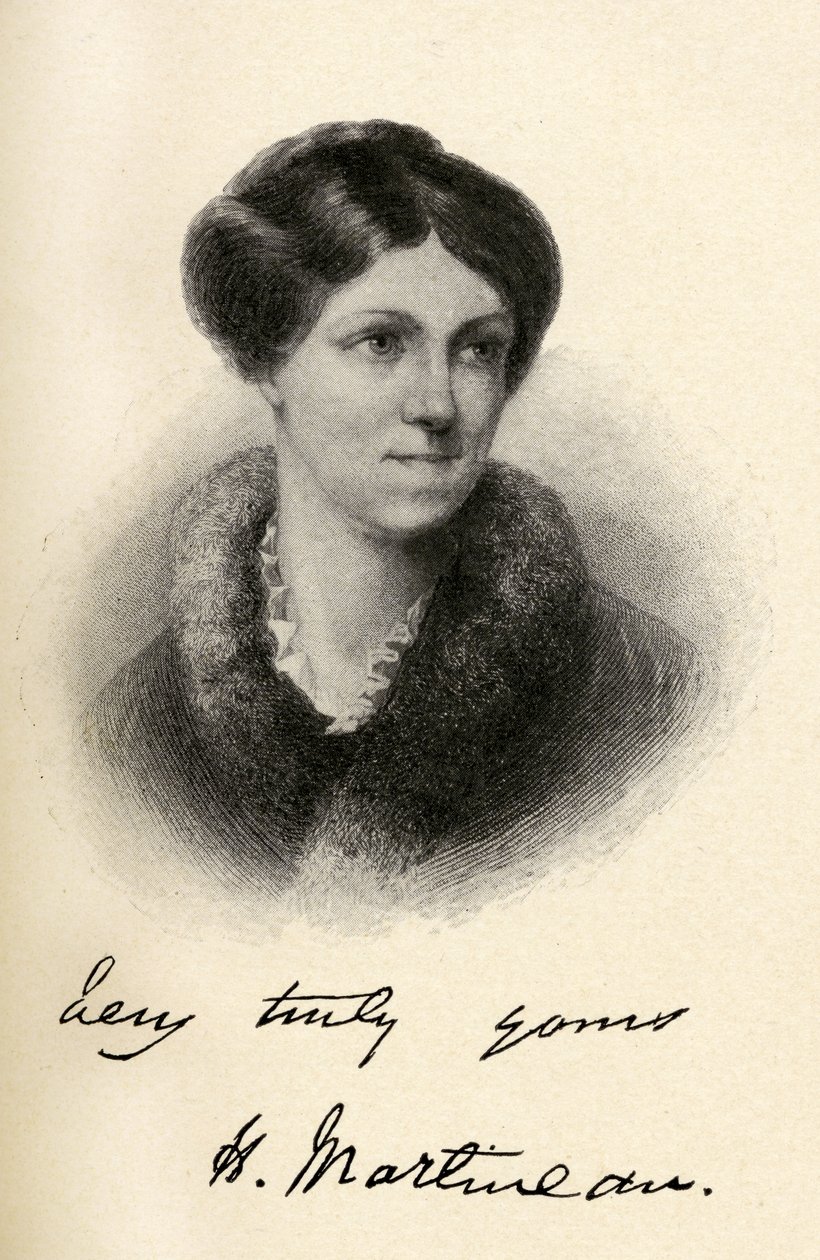 Harriet Martineau (1802-1876) رسم توضيحي من "الرحلات الصغيرة إلى منازل النساء المشهورات" ، نُشر عام 1827 بواسطة مارجريت جيليس