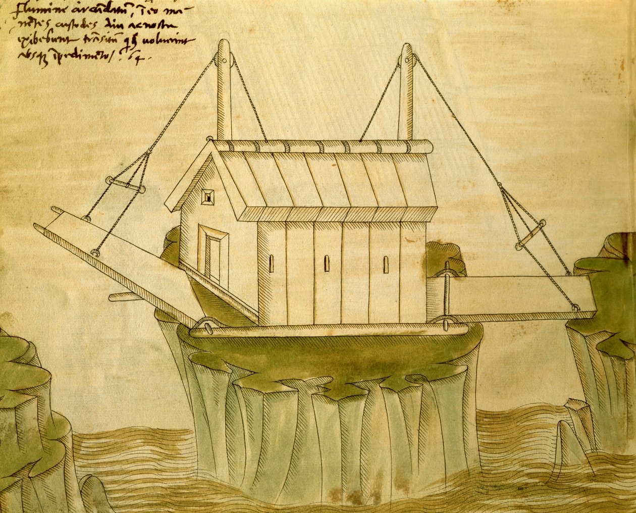 تصميم لقلعة مع جهازي رسم ، رسم توضيحي من "De Machinis" (قلم وحبر ومرحاض على ورق) بواسطة ماريانو دي جاكوبو