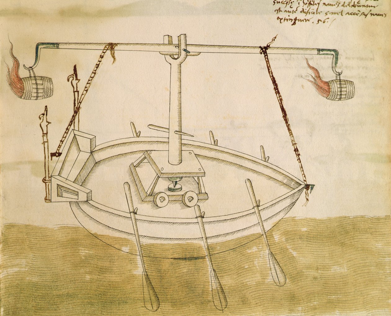 تصميم للاستفادة من الحرارة لتحسين الملاحة ، والتوضيح من De Machinis (قلم وحبر ومرحاض على ورق) بواسطة ماريانو دي جاكوبو 1382 ج 1453 بعد ماريانو دي جاكوبو 1382 ج 1453 بعد