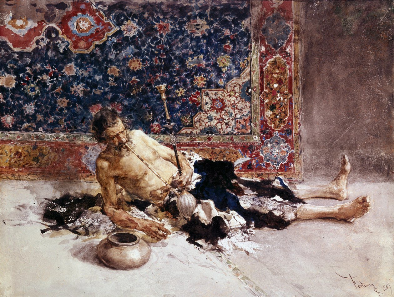 مدخن الأفيون. مدخن الأفيون. لوحة لماريانو فورتوني واي مارسال (1838-1874) بواسطة ماريانو فورتوني