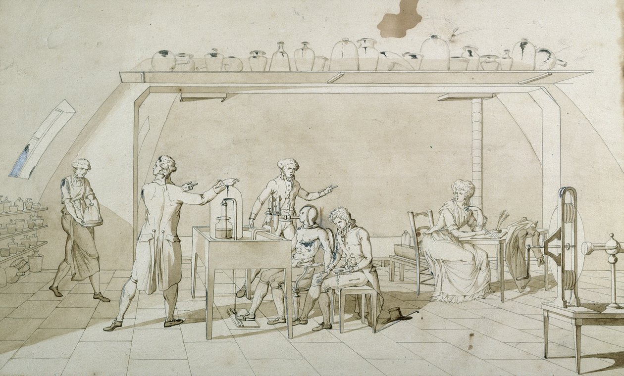 أنطوان لافوازييه (1743-1794) وتجاربه في التنفس (قلم وحبر وغسل بني داكن على الورق) بواسطة ماري آن بيريت لافوازييه