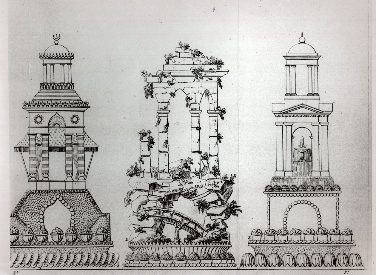 تصميمات لتزيين المعجنات من "Le Patissier Royal parisien" بواسطة Careme ، اللوحة 28 ، Leipzig و Paris ، نشر 1854 بواسطة ماري انطوان كاريم