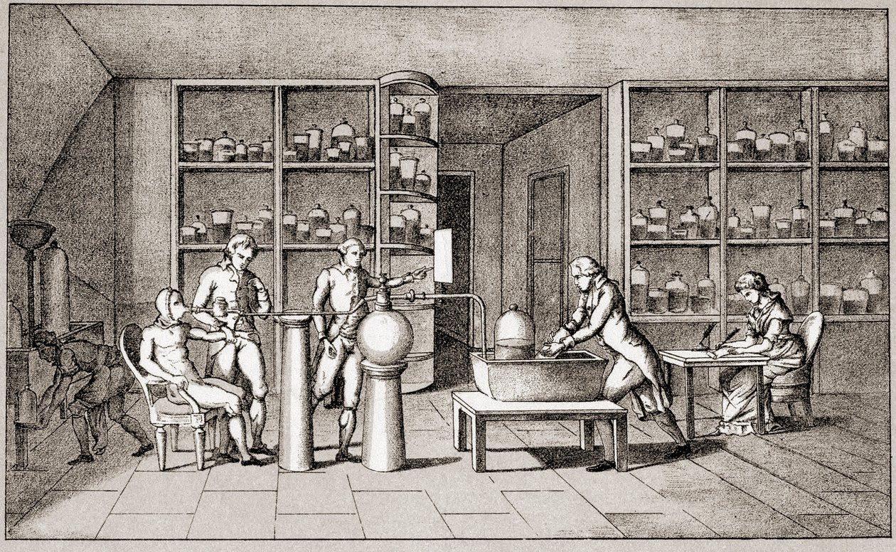 أنطوان لوران دي لافوازييه (1743-1794) كيميائي فرنسي يجري تجربة على تنفس الإنسان أثناء الراحة. رسم للسيدة لافوازييه ، باريس القرن الثامن عشر ، مجموعة ليماج بواسطة ماري آن بيريت لافوازييه