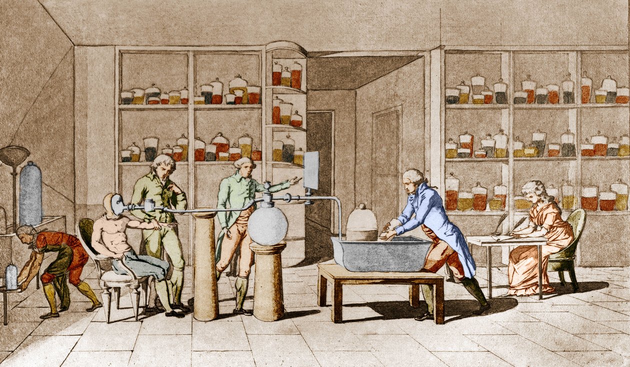 أنطوان لوران دي لافوازييه (1743-1794) ، الكيميائي الفرنسي ، لديه خبرة في تنفس الإنسان أثناء الراحة. من رسم السيدة لافوازييه باريس القرن الثامن عشر. جمع Leemage بواسطة ماري آن بيريت لافوازييه