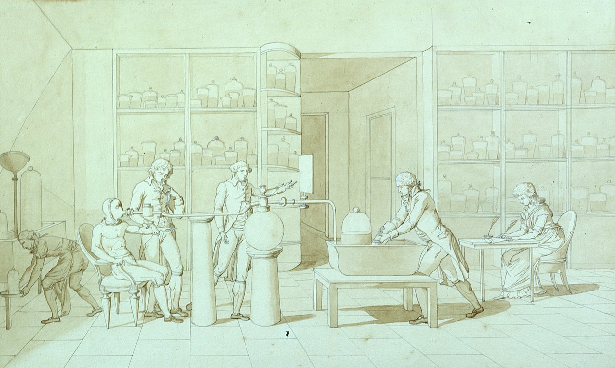 أنطوان لافوازييه (1743-1794) وتجاربه في التنفس (قلم وحبر وغسل بني داكن على الورق) بواسطة ماري آن بيريت لافوازييه