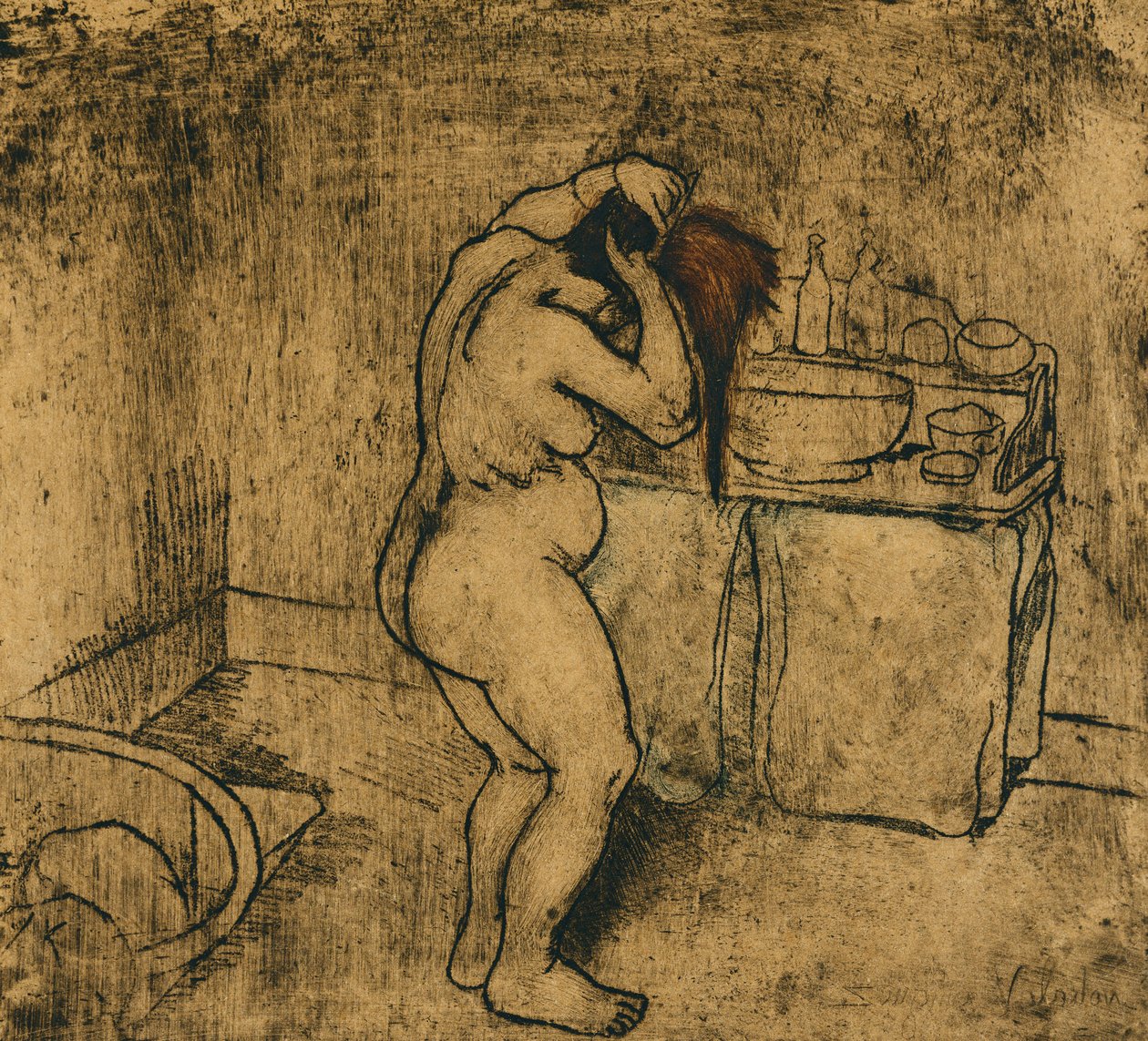 كاثرين عارية تمشيط شعرها. كاثرين نود سي كوافانت 1895 بواسطة ماري كليمنتين فالادون