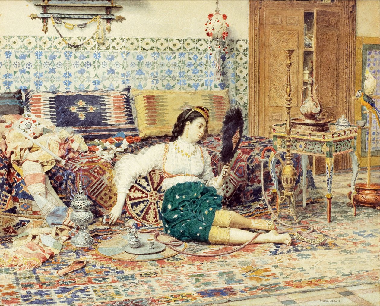 La belle Orientale بقلم فيرمين جيرارد (فيرمين جيرارد) ، فرانسوا ماري (1838-1921) ، - ألوان مائية على ورق ، 38 × 47 - مجموعة خاصة بواسطة ماري فرانسوا فيرمين جيرارد