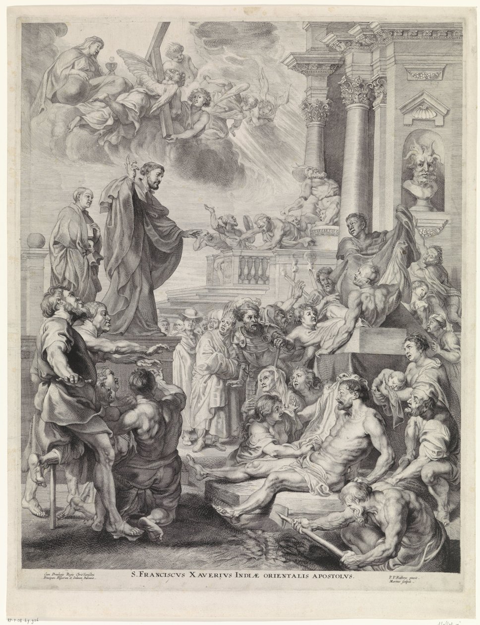 قام H. Franciscus Xavier wekt een dode to leven القديس فرنسيس كزافييه ، رسول الهند الشرقية (العنوان على الجسم) بواسطة مارينوس روبين فان دير جويس