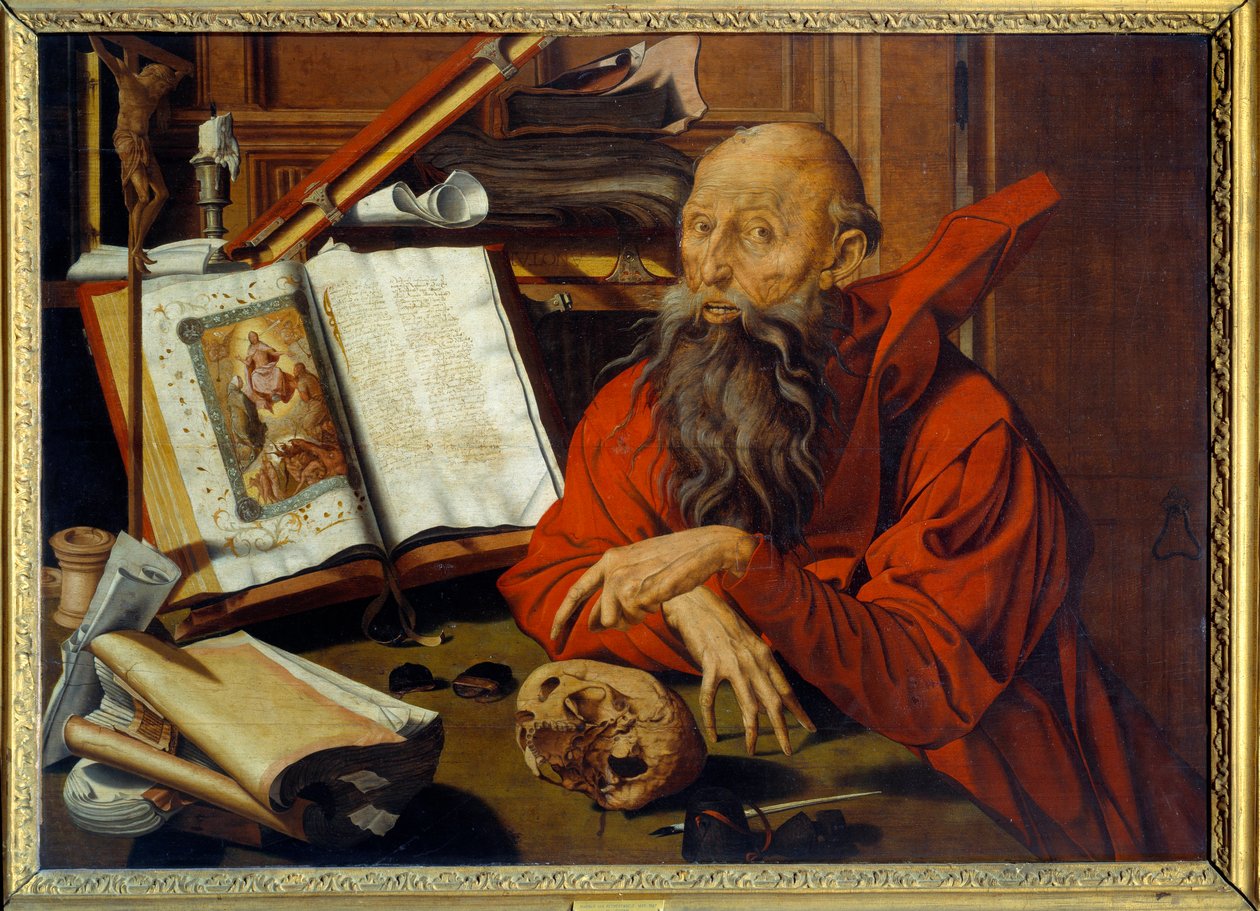 Saint Jerome Meditant - Painting (Vanita) by Marinus Claeszoon van Reymerswaele (1493 - 1567) Ec. Hol. بواسطة مارينوس فان ريميرسفيل